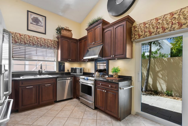 kitchen featuring a healthy amount of sunlight, sink, stainless steel appliances, and lofted ceiling