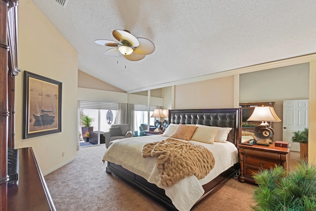 bedroom featuring carpet flooring, ceiling fan, a textured ceiling, lofted ceiling, and access to outside