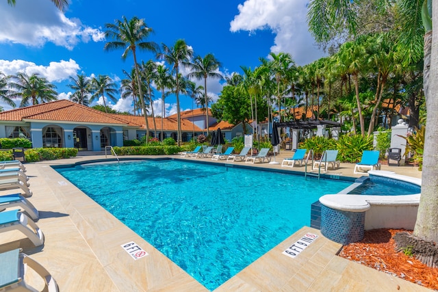 view of swimming pool with a patio