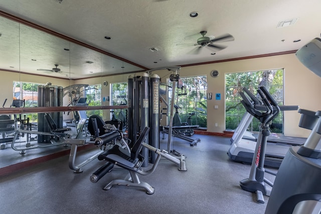 gym with ornamental molding, ceiling fan, and a textured ceiling