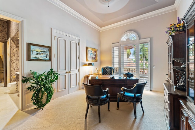 office area featuring light carpet, a tray ceiling, and crown molding