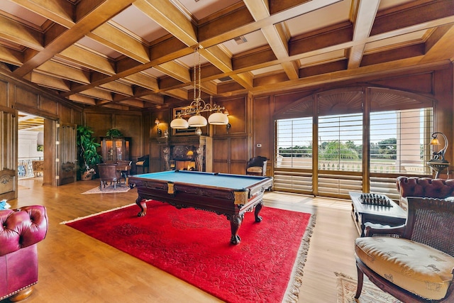 recreation room featuring beam ceiling, wooden walls, pool table, and light wood-type flooring