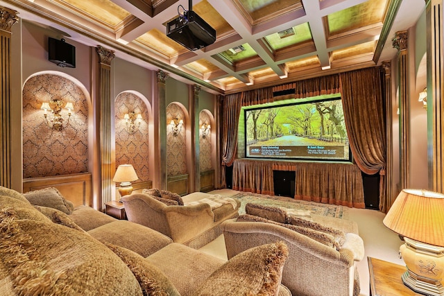 home theater room with beamed ceiling, wood walls, ornamental molding, and coffered ceiling