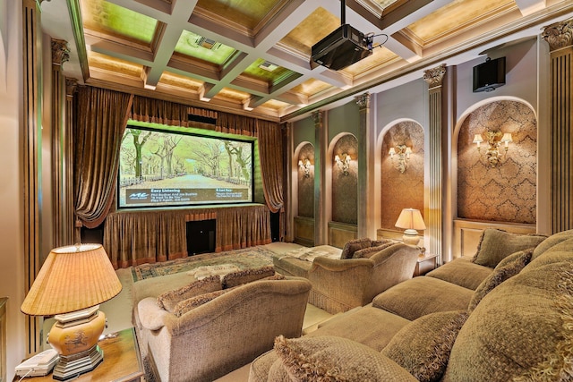 cinema featuring decorative columns, ornamental molding, coffered ceiling, beam ceiling, and wood walls