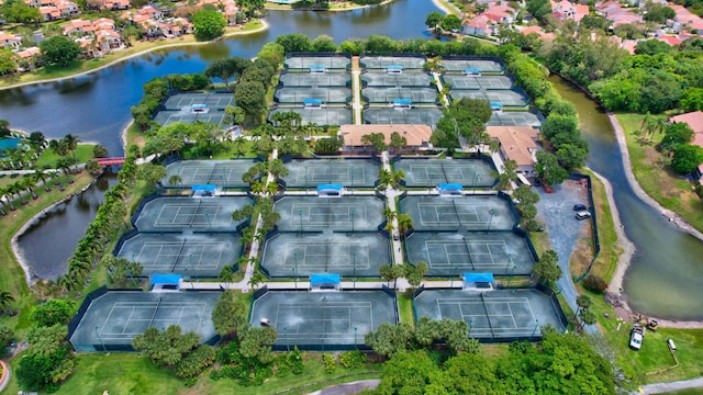 bird's eye view with a water view