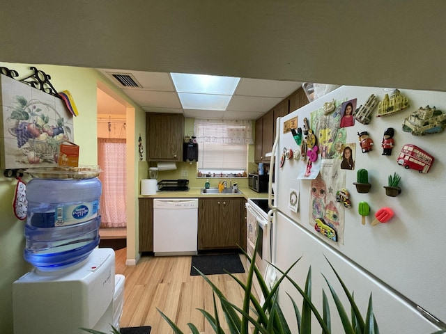 kitchen with white appliances, light wood-type flooring, a drop ceiling, dark brown cabinetry, and sink