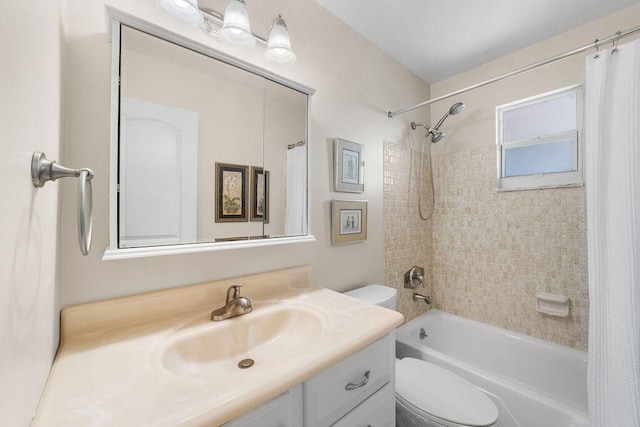 full bathroom featuring vanity, toilet, and shower / bathtub combination with curtain