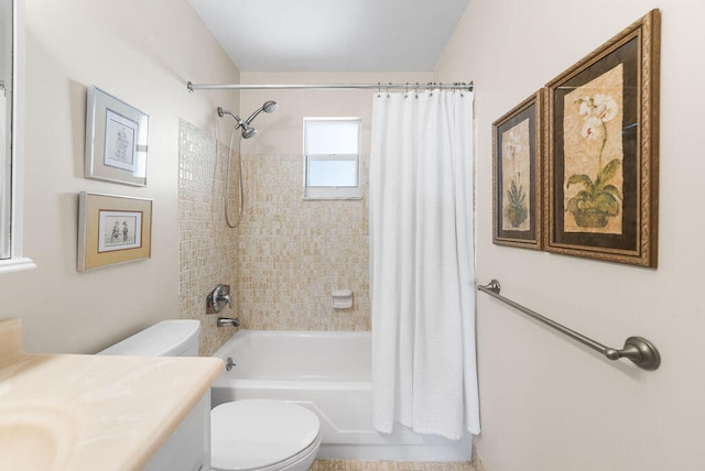 full bathroom with vanity, toilet, and shower / bathtub combination with curtain