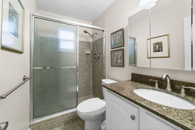 bathroom with vanity, a shower with shower door, and toilet