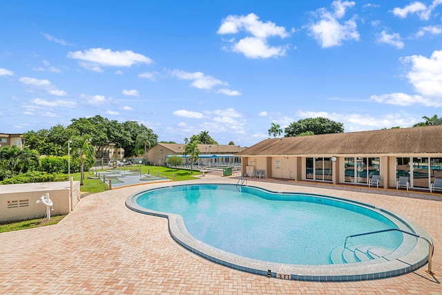 view of swimming pool with a patio and a yard