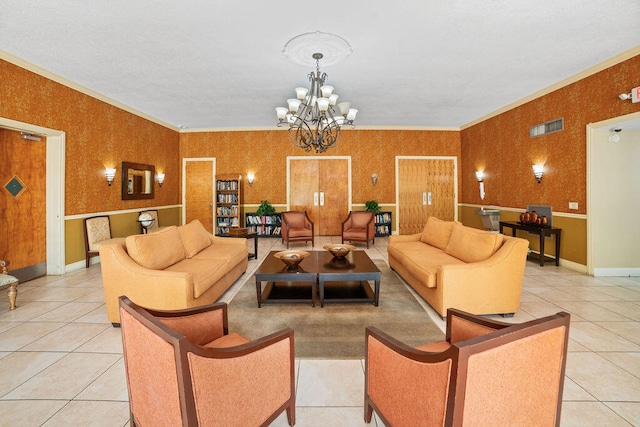 living room with crown molding, an inviting chandelier, and light tile patterned floors