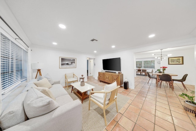 tiled living room with crown molding