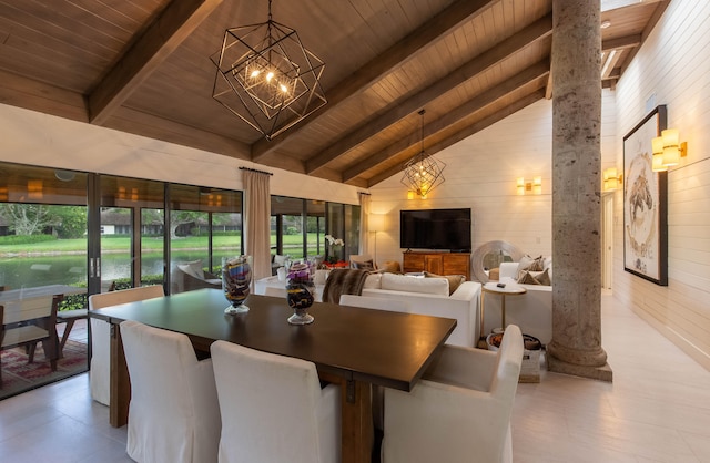 dining space with wooden ceiling, wood walls, and a wealth of natural light