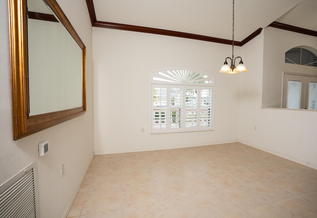 empty room with crown molding, light tile patterned floors, and a notable chandelier