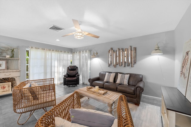 living room featuring ceiling fan