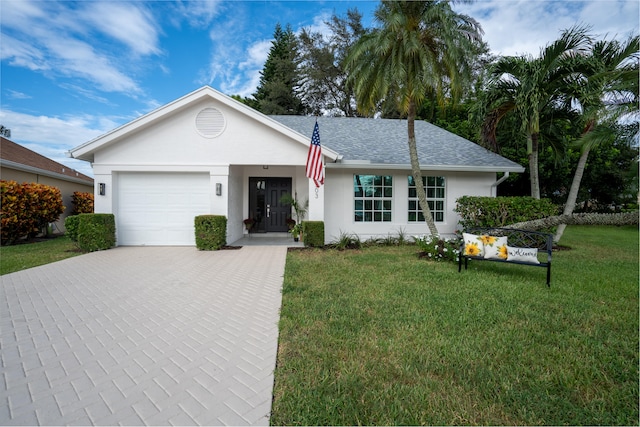 ranch-style house featuring a front yard and a garage