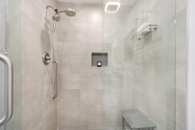 bathroom featuring a shower with door