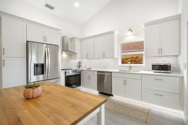 kitchen with backsplash, high vaulted ceiling, sink, wall chimney exhaust hood, and appliances with stainless steel finishes