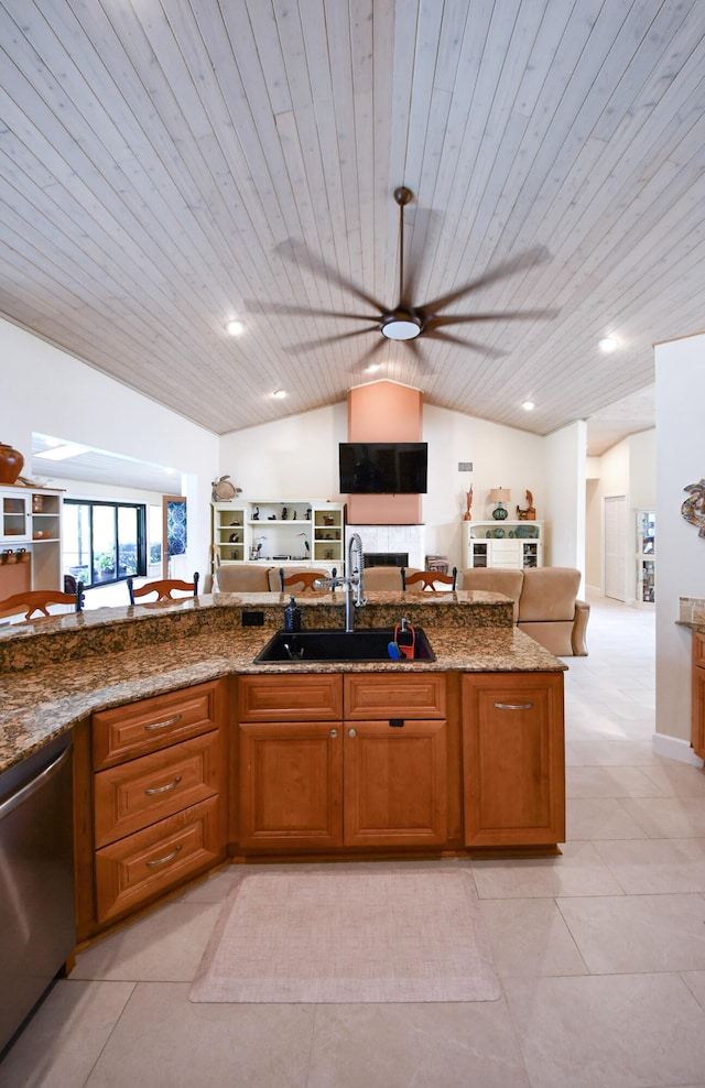 kitchen with dishwasher, wood ceiling, and vaulted ceiling