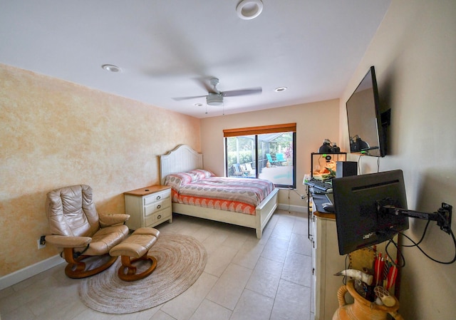 bedroom featuring ceiling fan and light tile patterned floors