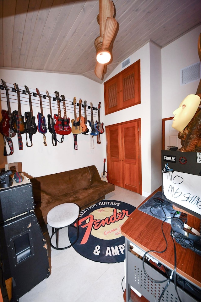 rec room featuring lofted ceiling, wood ceiling, and tile patterned floors