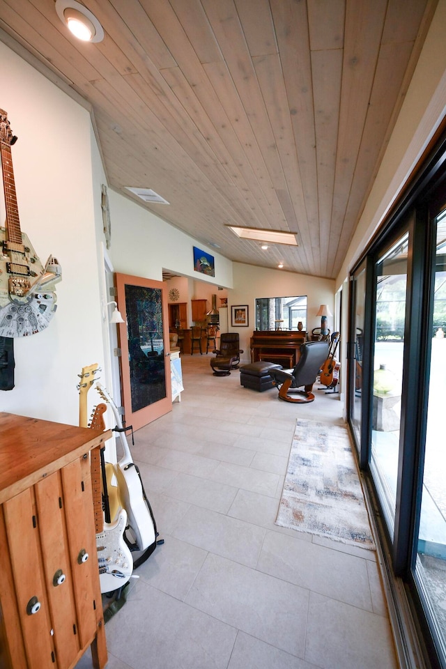 tiled living room featuring wooden ceiling and vaulted ceiling