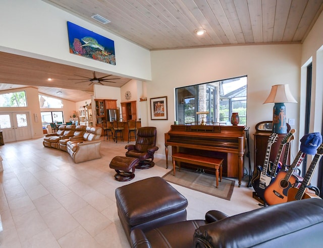 living room with ceiling fan, light tile patterned flooring, high vaulted ceiling, and wooden ceiling