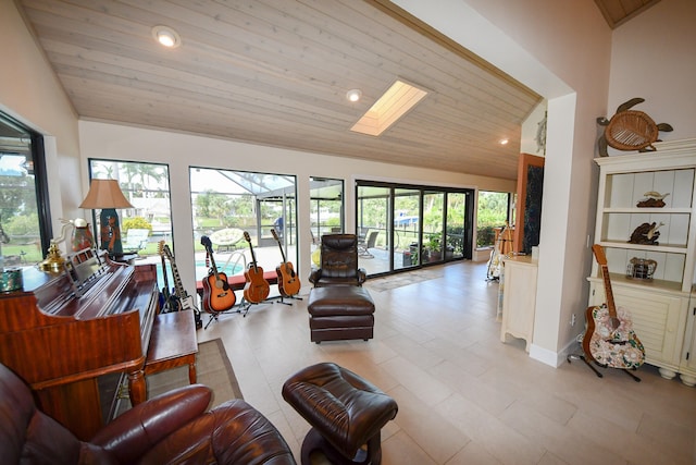 living room with light tile patterned floors, wood ceiling, and vaulted ceiling