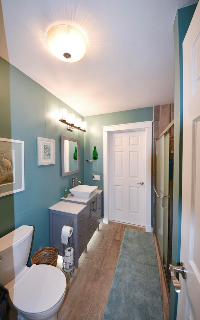 bathroom with walk in shower, vanity, toilet, and wood-type flooring