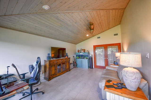 office area with lofted ceiling, french doors, and wood ceiling