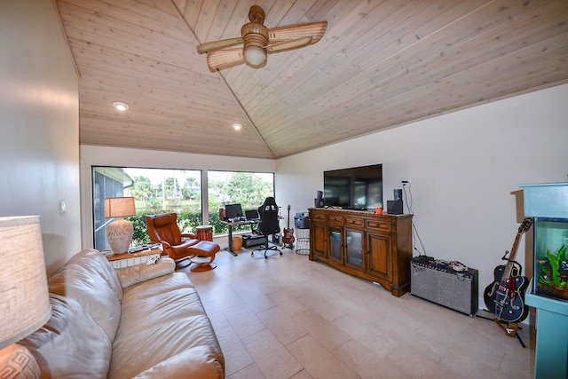 living room with wooden ceiling, high vaulted ceiling, and ceiling fan