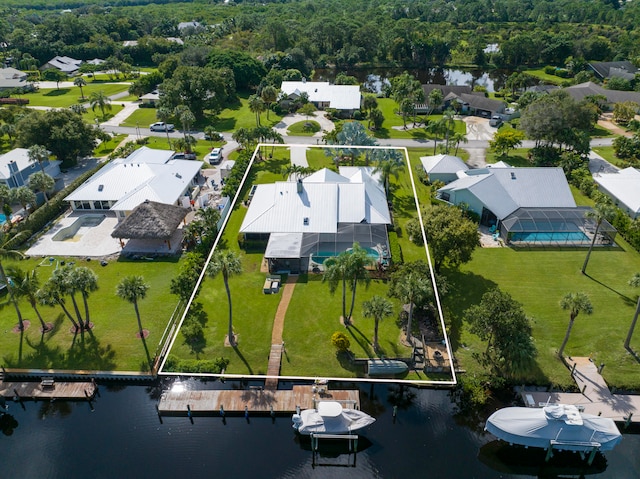 drone / aerial view featuring a water view