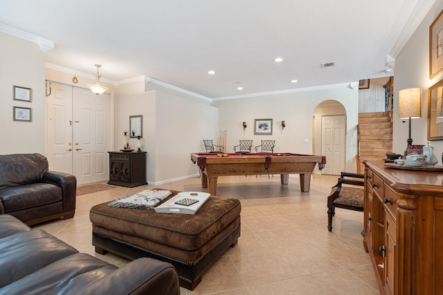 living room with light tile patterned floors, billiards, and crown molding