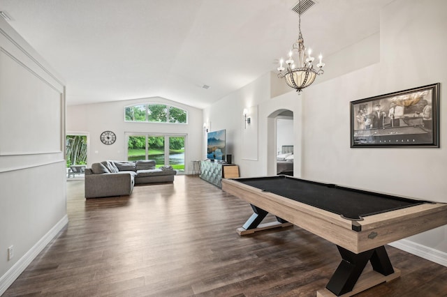 playroom with dark hardwood / wood-style floors, an inviting chandelier, lofted ceiling, and billiards