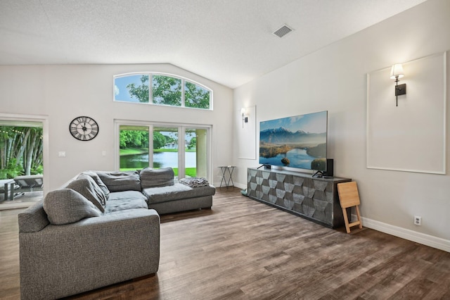 living room featuring hardwood / wood-style floors, a textured ceiling, and high vaulted ceiling