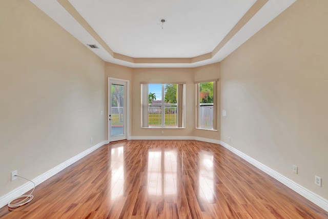 empty room with a tray ceiling and light hardwood / wood-style flooring