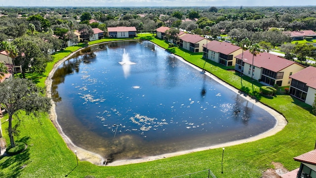 bird's eye view with a water view