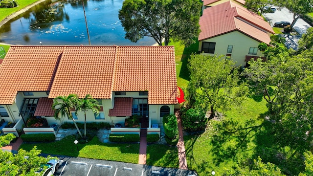 aerial view featuring a water view