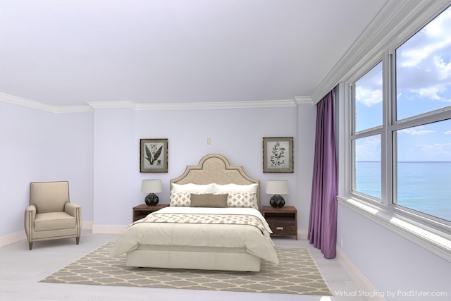 bedroom featuring crown molding and a water view