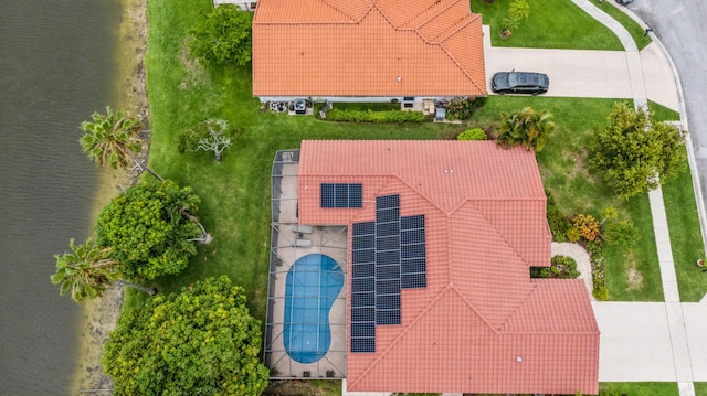 drone / aerial view featuring a water view