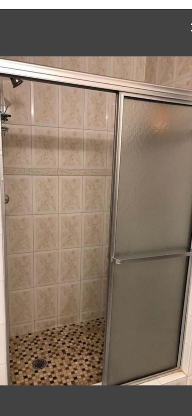 bathroom featuring a shower with door