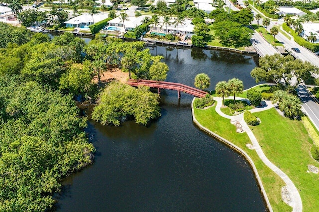 bird's eye view with a water view