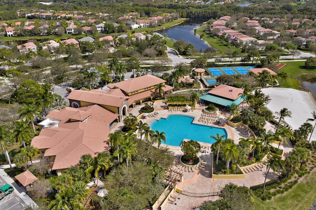 drone / aerial view featuring a water view