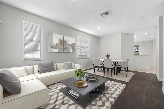 living room featuring hardwood / wood-style flooring and a textured ceiling