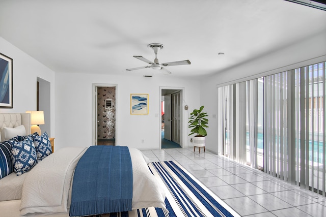 tiled bedroom featuring access to outside and ceiling fan