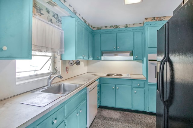 kitchen with blue cabinets, sink, and white appliances