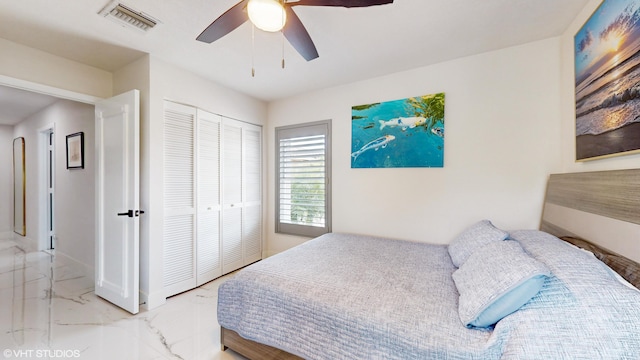 bedroom featuring ceiling fan and a closet