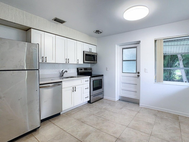 kitchen featuring appliances with stainless steel finishes, white cabinetry, sink, and a wealth of natural light