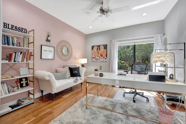 office area featuring ceiling fan and hardwood / wood-style flooring