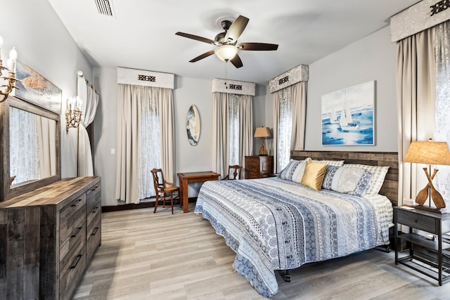 bedroom with multiple windows, light wood-type flooring, and ceiling fan